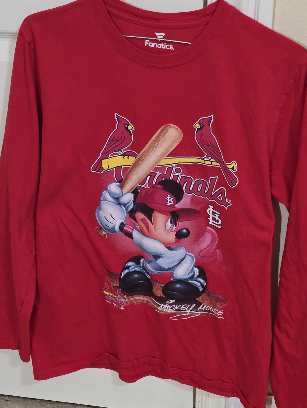 Fanatics Red St. Louis Cardinals Mickey Mouse Baseball Long Sleeve Tee
